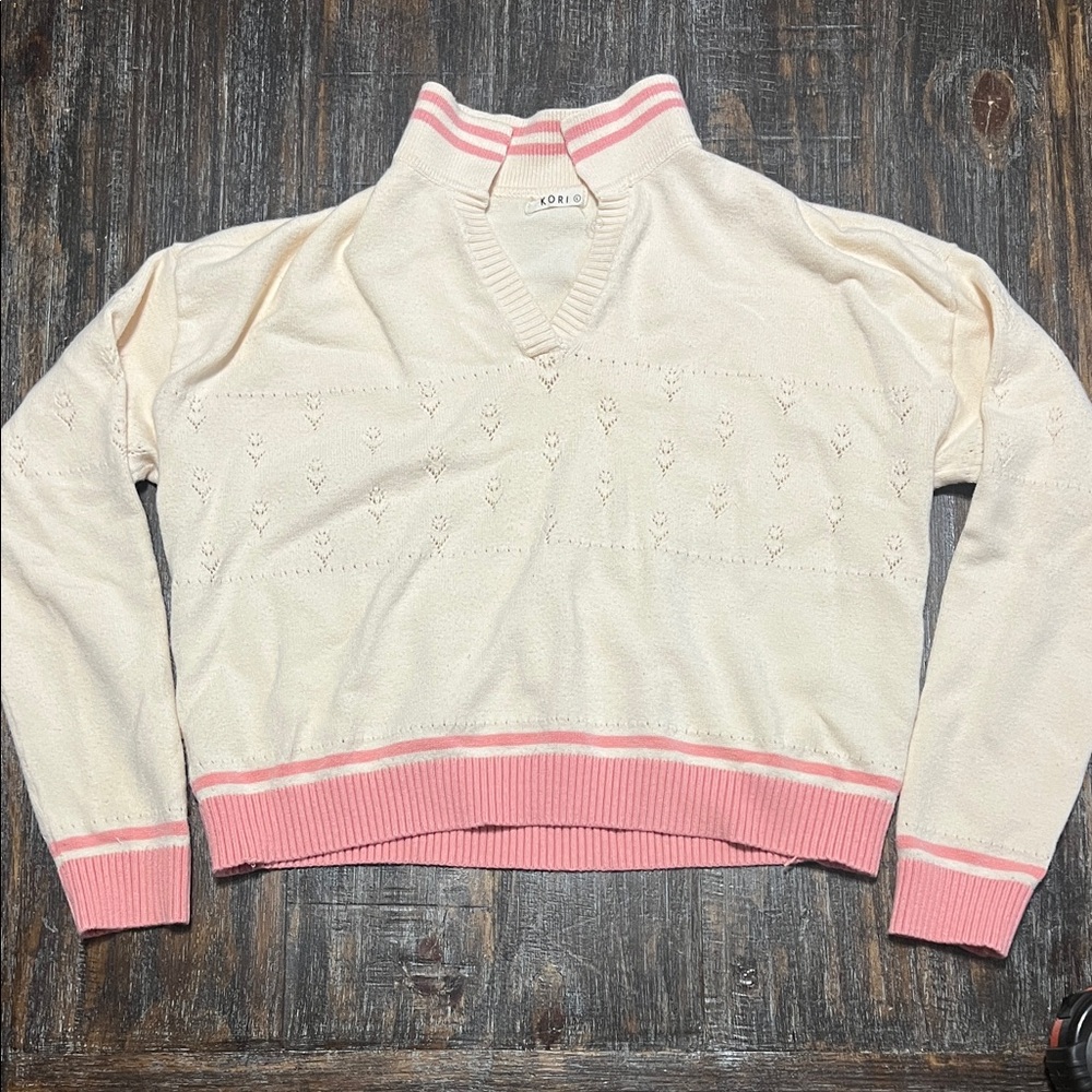 Kori Cream Pullover V-Neck Sweater with Pink Trim